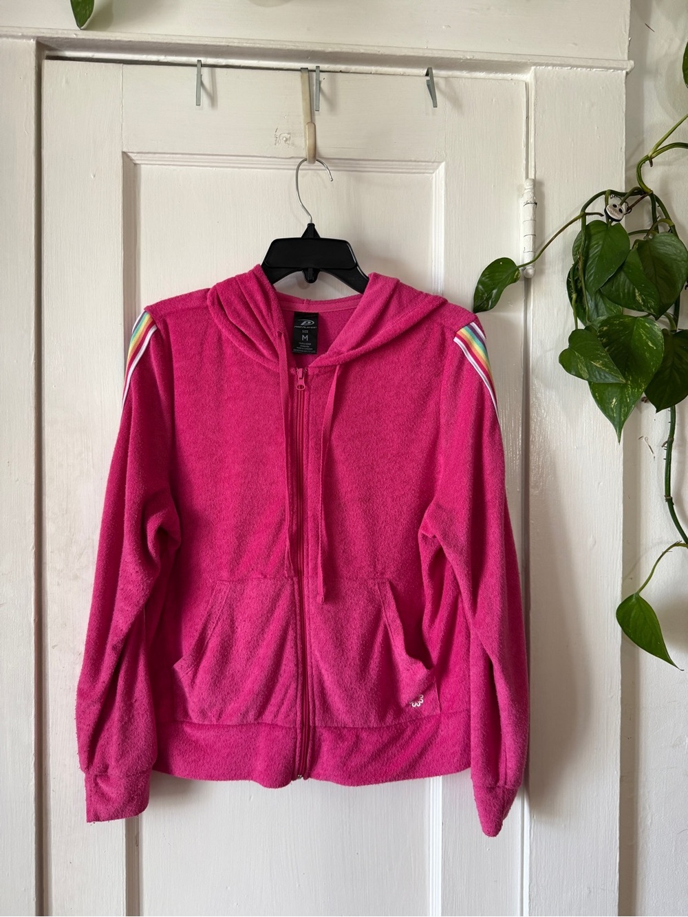 Pro Player size M Hot Pink Hooded Zip Jacket with Rainbow Shoulder Stripes